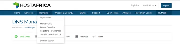 HostAfrica website showing the Domains drop-down from the navigation 