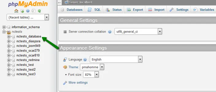 phpMyAdmin with a database selected in the left-hand database list