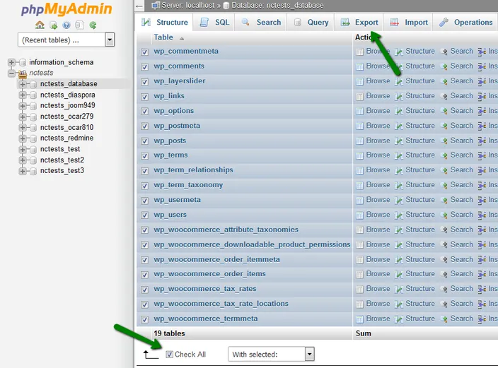 phpMyAdmin table list with Check All ticked and the Export tab marked