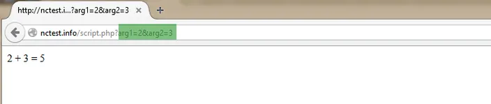 Browser showing a PHP script URL with query arguments and the output 2 + 3 = 5