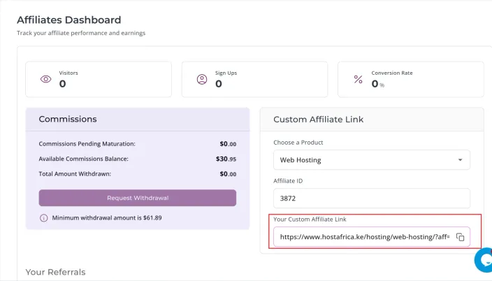 The Custom Affiliate Link card with the Your Custom Affiliate Link field outlined in red, next to a copy button