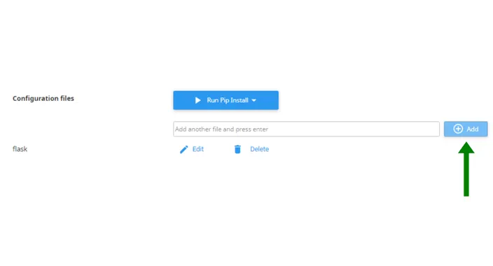 Configuration files row with the flask module listed and the Run Pip Install and Add buttons