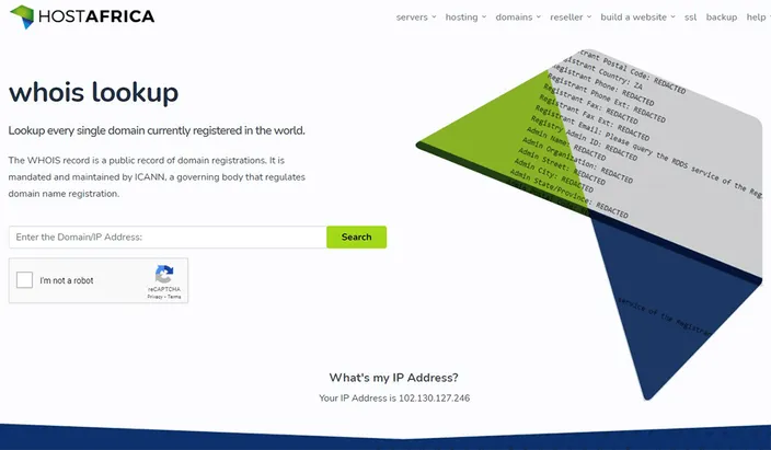 screenshot hostafrica whois lookup tool