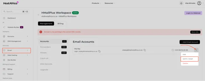 HMailPlus Workspace with Email and SMTP/IMAP buttons highlighted