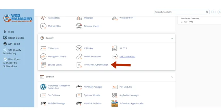cPanel Security section with an arrow pointing at the Two-Factor Authentication link
