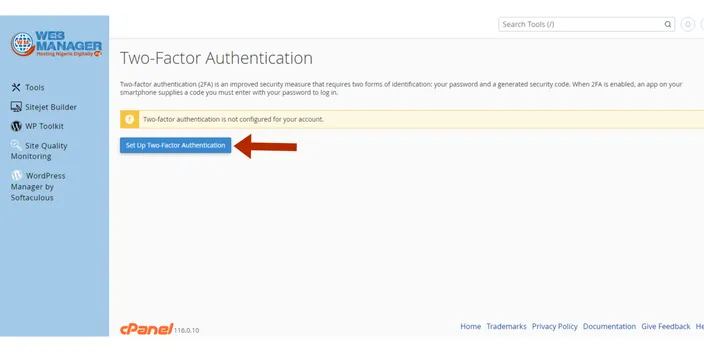 cPanel Two-Factor Authentication page with the Set Up Two-Factor Authentication button marked