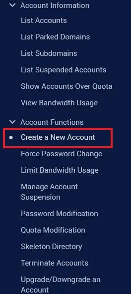 The side bar in the reseller WHM showing where to create a new account