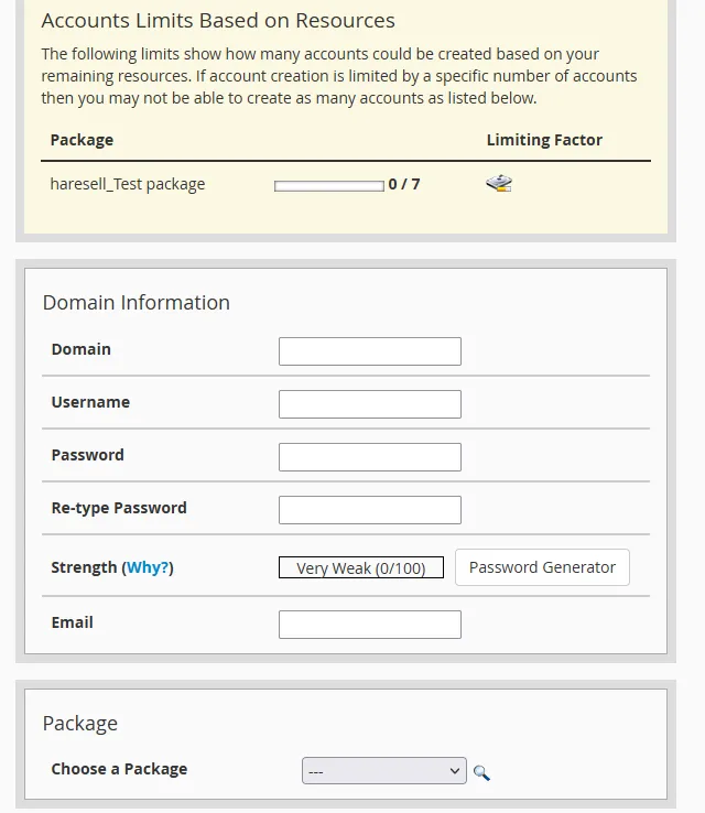 Setting the resources available to the created account in WHM