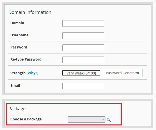 The field showing which package a reseller would like to choose from the list of packages created