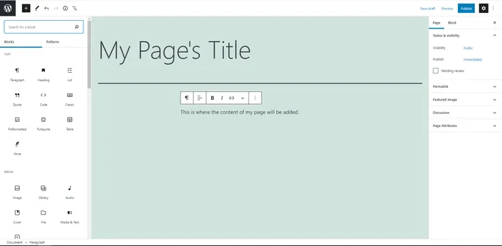 To add an image or video to your page, click the plus icon on the top left and select Image or Video.