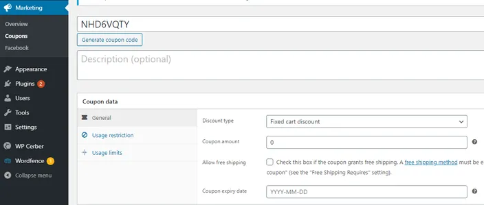 screenshot WooCommerce Marketing section, coupon and discount form