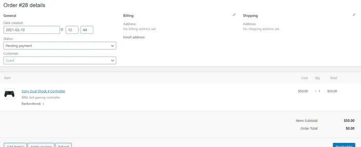 screenshot WooCommerce Order manual add form