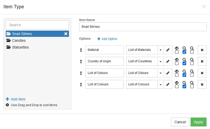 The Item Type window that allows details of each product to be adjusted