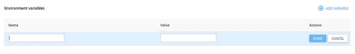 Environment variables table with empty Name and Value fields and the Done button