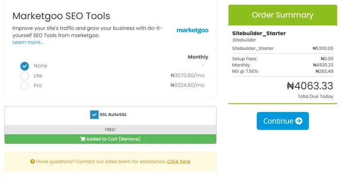 Image of the HostAfrica cart with the marketing tool included
