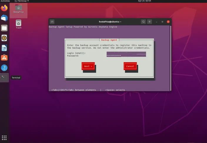 backup agent credentials screenshot