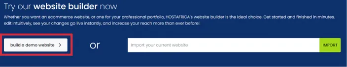 The 'build a demo website' button highlighted on the Site Builder page