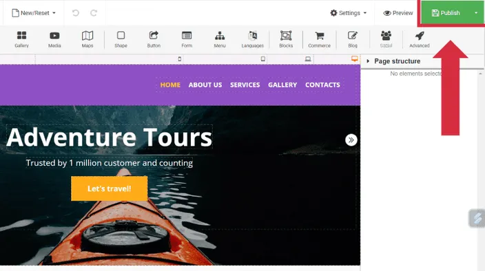 A chosen template from Site Builder with the features and buttons. The publish button is highlighted.