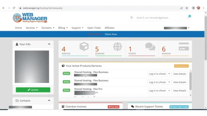 Client area dashboard showing active hosting services with Log in to cPanel buttons