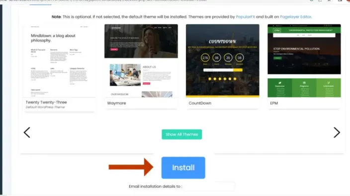 Softaculous theme picker with an arrow pointing at the Install button below it