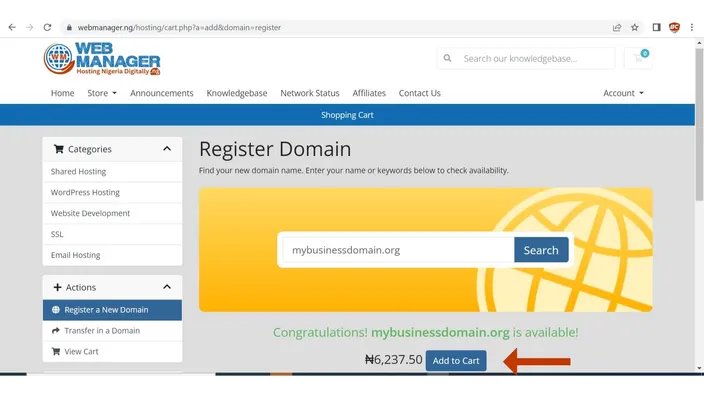 Register Domain page showing the searched name is available with Add to Cart marked