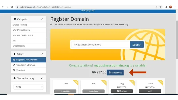 Register Domain page with the Checkout button marked next to the available domain