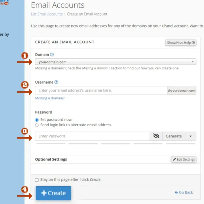 cPanel Create an Email Account form with numbered steps for domain, username, password and Create