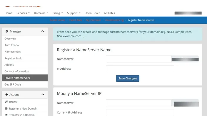 Private Nameservers page with the Register a NameServer Name form and the Modify a NameServer IP form