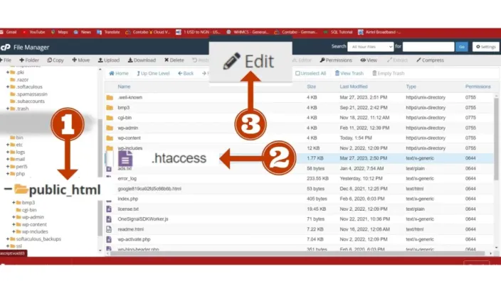 File Manager with public_html open, the .htaccess file selected and the Edit button marked