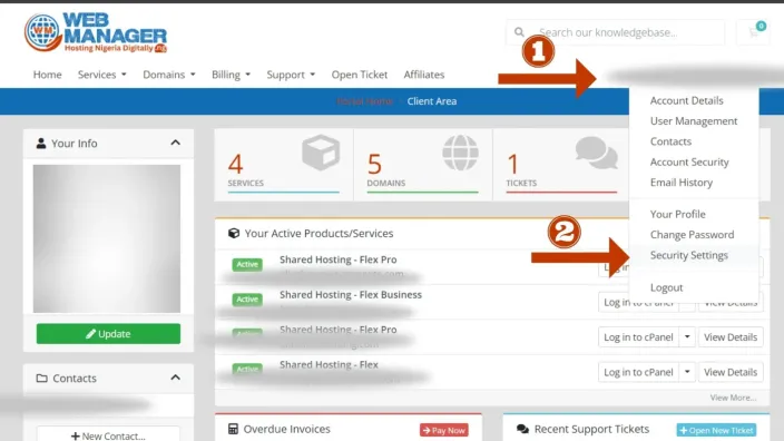 Client area with the account menu open and an arrow pointing to Security Settings