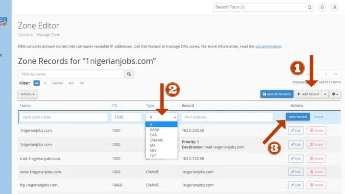 cPanel Zone Editor with a new record row, the record type dropdown open and the Save Record button