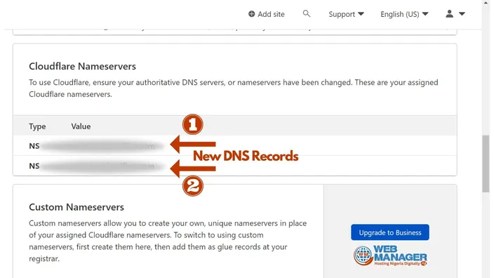 Cloudflare nameservers page showing the two new NS records to copy to your domain provider
