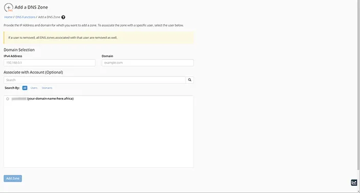 WHM Add a DNS Zone Dashboard