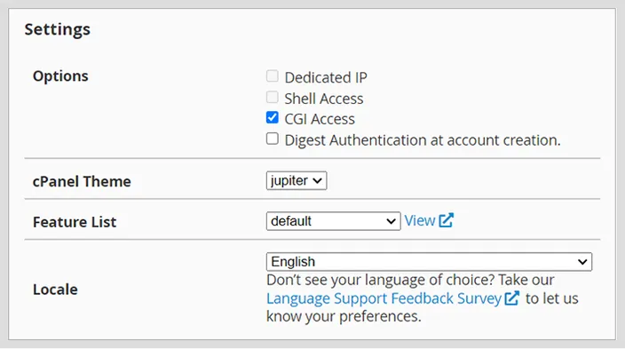 WHM Package Settings