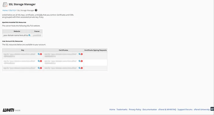 WHM SSL Storage Manager Dashboard