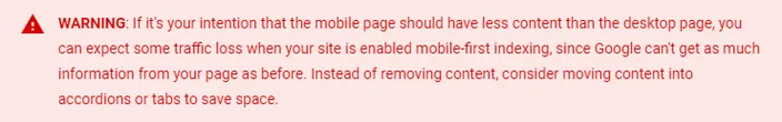 A Google warning about website and mobile content aligning in terms of information and design