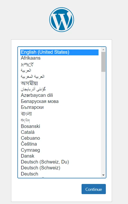 WordPress installation GUI